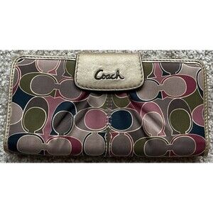 Vintage Coach Bifold Wallet Gold Pink Olive Blue Canvas